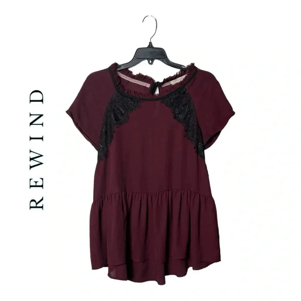 0382W. REWIND SHORT‎ SLEEVE LACE/RUFFLES BLOUSE MAROON/BLACK IN COLOR SIZE SMALL